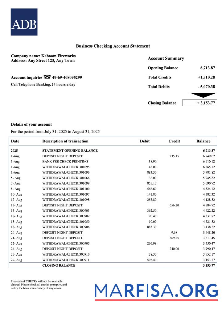 Downloadable Palau ADB corporate checking account statement Word and PDF template